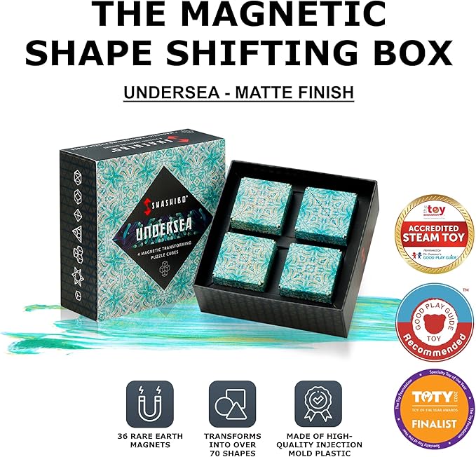 Shashibo Shape Shifting Box - Award-Winning, Patented Fidget Cube w/ 36 Rare Earth Magnets - Transforms Into Over 70 Shapes, Gift Box, Download Fun in Motion Toys Mobile App (Undersea, 4 Pack)