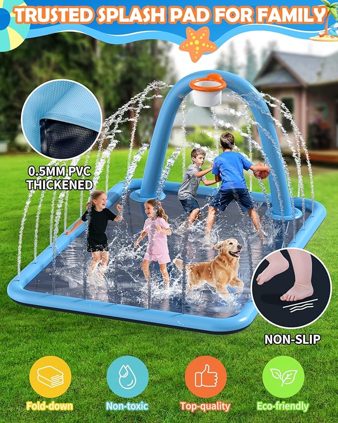 Splash Pad for Kids & Dogs, 102x87'' Large Sprinkler Pad Water Toys with Basketball Hoop, Thickened Non-Slip Splash Mat, Foldable Play Pool & Outdoor Summer Toys Ages 4-12 (102" Splash Pad)