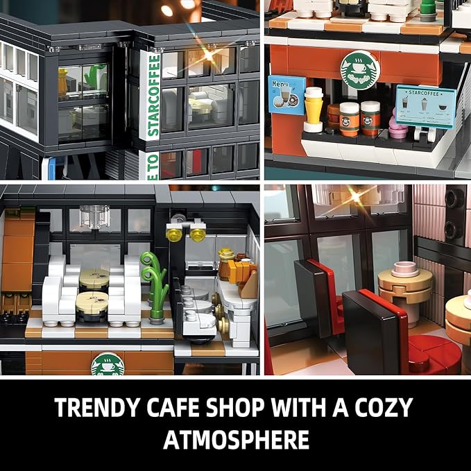 City Coffee House Architecture Building Blocks Set for Adults, Street View Modern Cafe Shop Building Construction Toy with Light, Christmas Birthday Gift for Kids Boys Girls 6-12 (581 PCS)