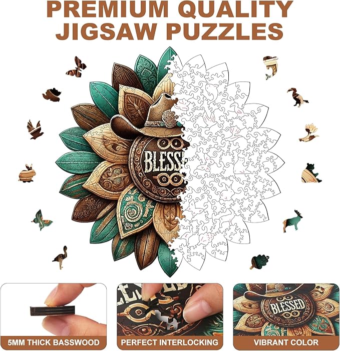 300 Pieces Blessed Wooden Puzzles for Adults, Cowboy Hat Unique Shaped Wooden Jigsaw Puzzles for Adults, Irregular Adult Wood Puzzle Creative Gift with Exquisite Wooden Box