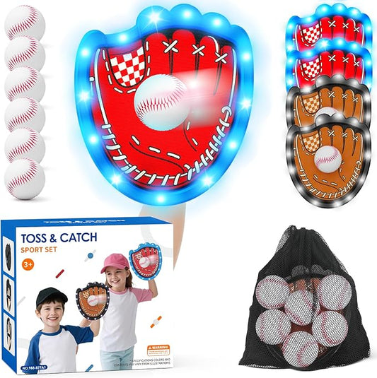 Toss and Catch Ball Game Set, Outdoor Pool Beach Yard Camping Games for Family, Toddler Baseball Birthday Gifts for Boys Girls Ages 3-12 (4 Light Up Paddles & 6 Balls)