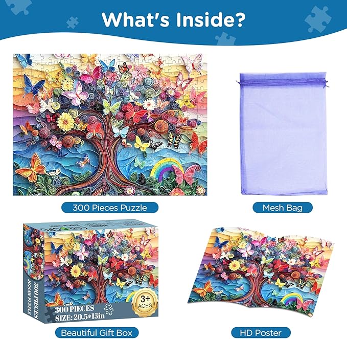 Jigsaw Puzzles 300 Pieces for Adults,Butterfly Puzzle 300 Piece Puzzle for Adults,Recycled Cardboard Puzzles for Adults Kids,Tree Jigsaw Puzzle Games Family Activity Great Gift