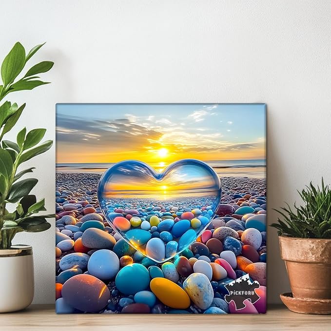 Crystal Heart Puzzles for Adults 1000 Pieces, PICKFORU Colorful Summer Beach Sunset Jigsaw Puzzles, Difficult Love Cobblestone Theme as Home Decor