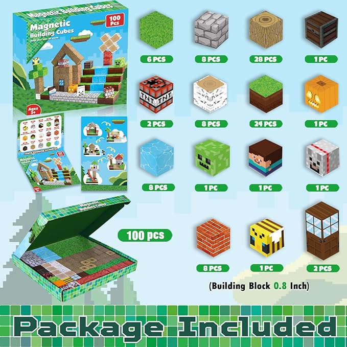 Magnetic Blocks-100PCS Magnetic Building Blocks Magnet Cube Toys Stacking,Build Forest World Set,STEM Montessori Sensory Toys for Kids Boys Girls Age 3 4 5 6 7 8 9 10 Easter Birthday Gift