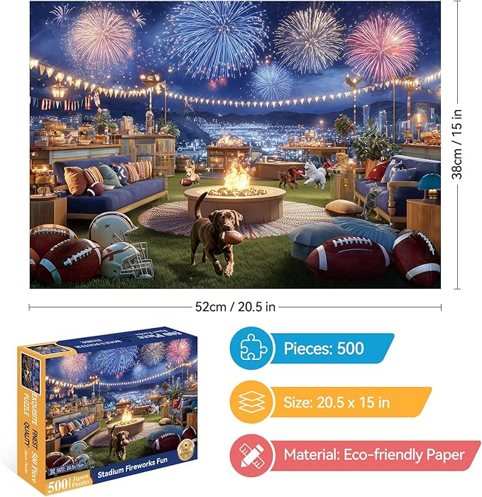 500 Pieces Puzzle for Adults, American Football Rooftop Party Fireworks Jigsaw Puzzle, Puzzles for Adults 500 Pieces, Perfect for Sports Fans, 20.5 X 15 in
