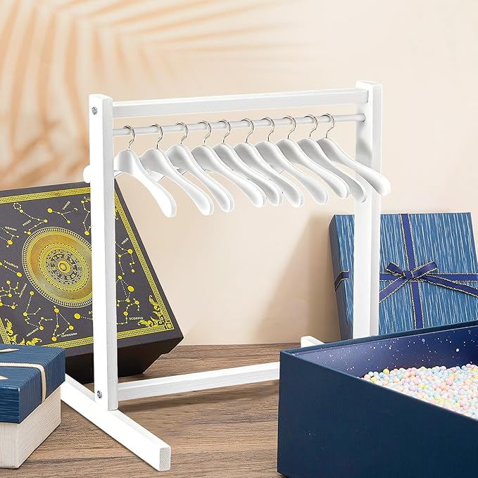Civaner 11 Pcs Doll Garment Rack with Wooden Clothes Hanger for 18 Inch Girl Doll Clothes Mini Hangers Wardrobe Furniture Accessories for Dollhouse Baby Shower Supplies (White)