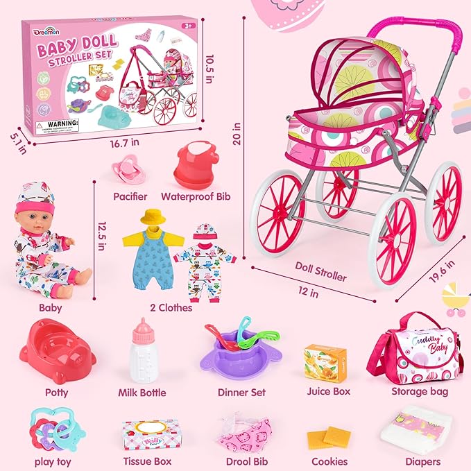 Baby Doll Stroller Toy Set with 12.5'' Doll, Diaper Changing, 2 Doll Clothes, Pacifier, Storage Bag, Baby Doll Accessories and Toy Baby Stroller for Girls Toddlers 3-5 4-6 5-7 Gifts for Pretend Play