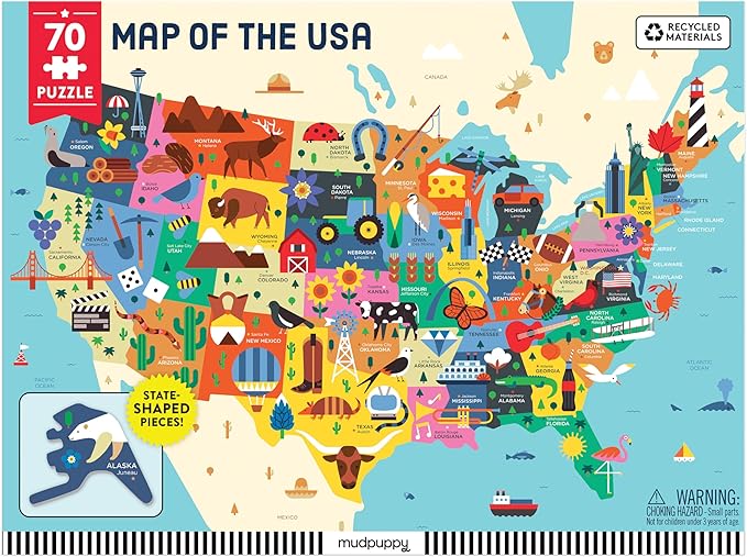 Mudpuppy Map Of The USA – 70 Piece Geography Puzzle with State-Shaped Pieces and Iconic Landscapes Cultural Items And More