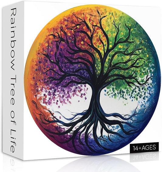 Tree of Life Puzzles 1000 Pieces for Adults, Colorful Rainbow Tree Jigsaw Puzzles, Challenging Round Plant Puzzle as Home Decor