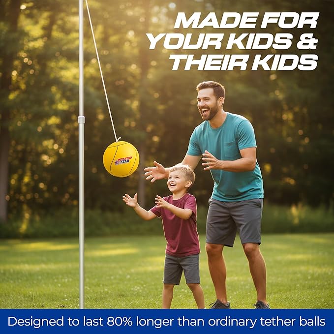 Western Star Tetherball Game Set - Soft-Touch Tether Ball with 2 Reinforced Attached Ropes - Outdoor - 4 Colors - Classic Family Game