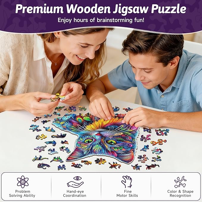 209pcs Wooden Jigsaw Puzzle for Adults – Colorful Cat Puzzle Gift for Cat Lovers, 12.2 x 13.9’’ Unique Animal Shape Wooden Puzzle, Artistic Cats Lover Gift for Women & Men (ColorCat)