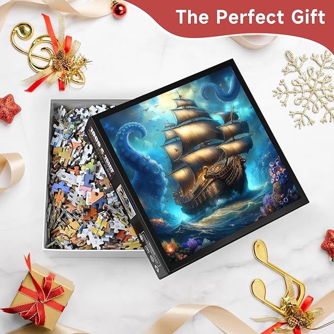 Kraken and Galleon 1000 Piece Puzzle for Adults - Fantasy Nautical Myth Art, Mystical Underwater Scene, Poster & Lettered Back, 22.8" Square HD, Gift for Mythology & Adventure Lovers