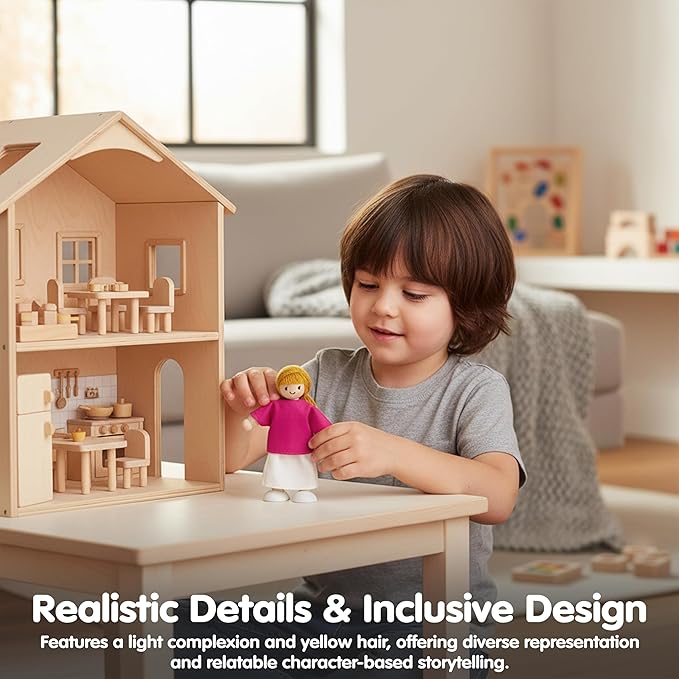 PlanToys® Mother Wooden Dollhouse Figurine | Poseable 1:12 Scale Mini Doll (5 Inch) | Dollhouse Accessories for Pretend Play | Eco-Friendly Montessori Toy for Kids Ages 3+