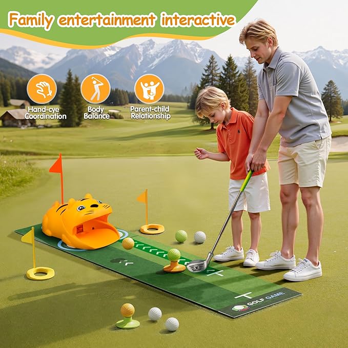 Putting Green Indoor with Toddlers Golf Clubs，Party Game with Automatic Golf Bounce Back Machine,Outdoor Training mats,Light up Balls,Gifts for 3 Year Old boy&Girl