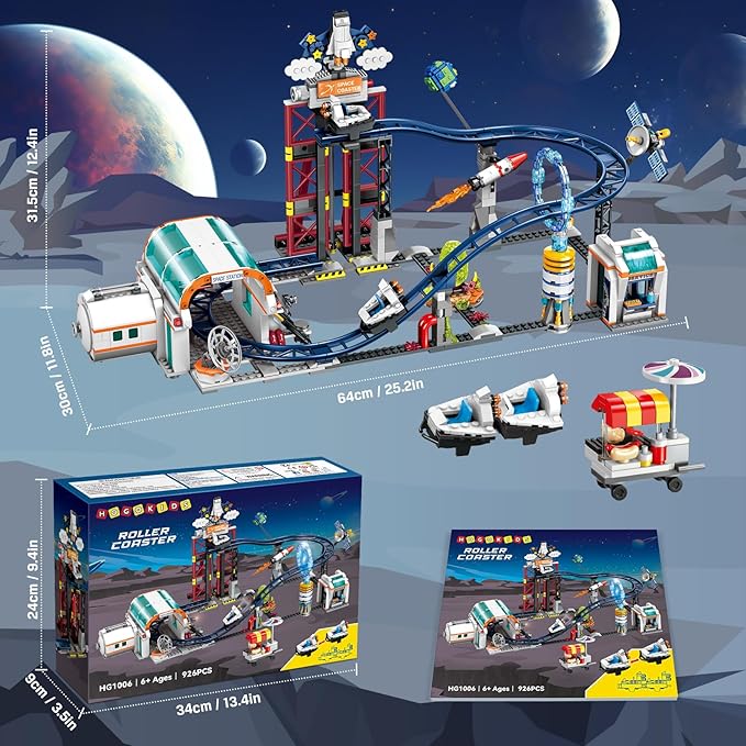 HOGOKIDS Space Roller Coaster Building Toy 926PCS Coaster Building Set Features Lift Platform, Satellites, Rocket Buildable Space Rollercoaster Adventure Park for Adults Kids Girl Boy Ages 6+years old