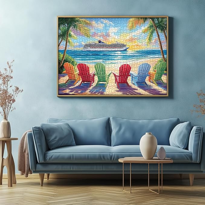 PICKFORU Beach Puzzles for Adults 1000 Piece, Rainbow Beach Lounge Chair Summer Puzzle, Colorful Ocean Jigsaw Puzzle Scenery as Coastal Wall Art