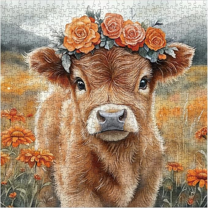 Funny Highland Cow Flower Puzzles for Adults 1000 Pieces, Beautiful Alpine Cattle Animal Painting Jigsaw Puzzle, Difficult Impossible Art Puzzles