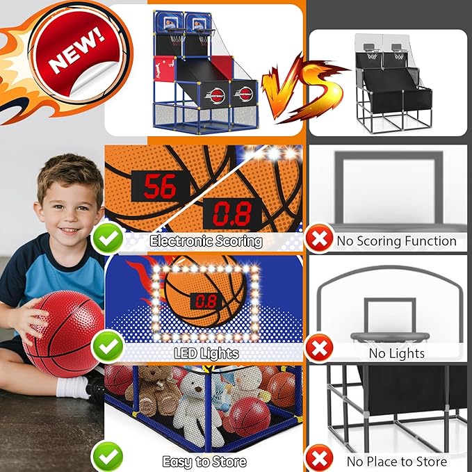 Upgrade Dual Basketball Arcade Game Kids Electronic Basketball Hoop with Electronic Scoreboard LED Light 6 Balls Indoor Outdoor Sports Toys Gift for Boys Girls Ages 3-8 (Blue)