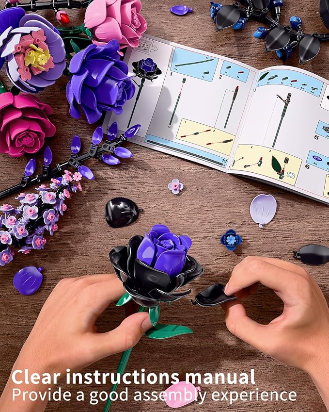 Flowers Bouquet Building Set - Purple Roses Botanical Collection Building Blocks for Adult Women, Artificial Flowers Gothic Home Decor Mother's Day Birthday Gift for Adults Kids Girls 6-12 (806PCS)