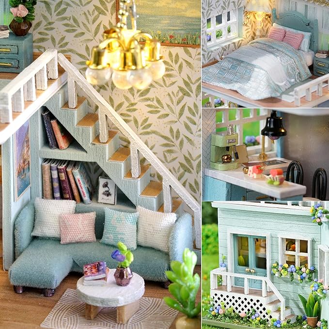 TuKIIE DIY Miniature Dollhouse Kit with Furniture, 1:32 Scale Creative Room Opened & Closed Mini Wooden Doll House for Kids Teens Adults(Warm House)