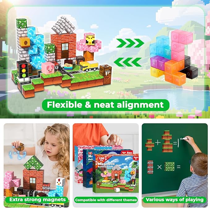 100 PCS 0.8in Magnetic Blocks - Easter Toys & Magnetic Building Blocks Cubes, Stacking Magnets, STEM Toys for School Acitivities, Birthday Gifts for Boys Age 3+ Years Old (Theme: Forests)