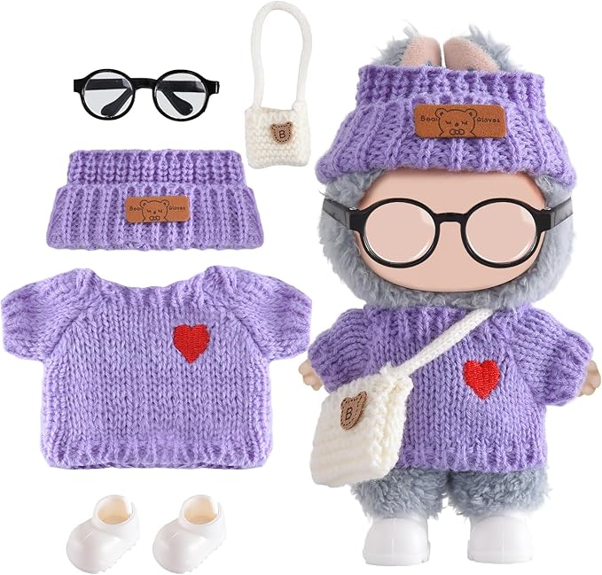 Doll Clothing for Labubu, Premium Outfits for Labubu Dressing up, Handcrafted Crochet Doll Accessories for Labubu with Sweater, Hat, Glasses, Small Bag, Boots(Purple)