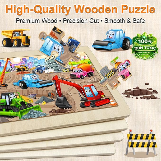 24 Piece Wooden Vehicle Jigsaw Puzzles for Kids 3-5, 4 Packs Transportation Puzzle with Storage Tray, Construction Excavator, Fire Truck & Airplane STEM Learning Toys, Birthday Gift for Kids Ages 3-8