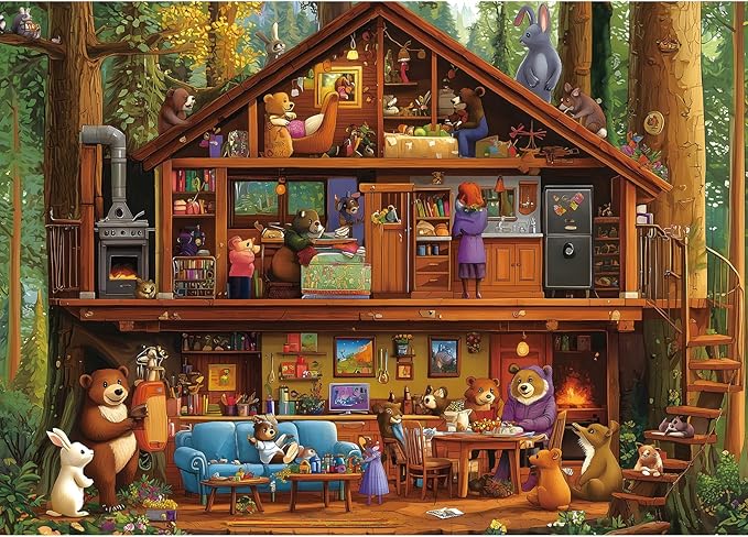 Animal Characters Jigsaw Puzzle, 1000 Pieces Puzzles for Adults, Bear Treehouse Forest Multicolor for Family Fun Decoration, Gifts, Party Toy, Finished Size 27.5" x 19.7"