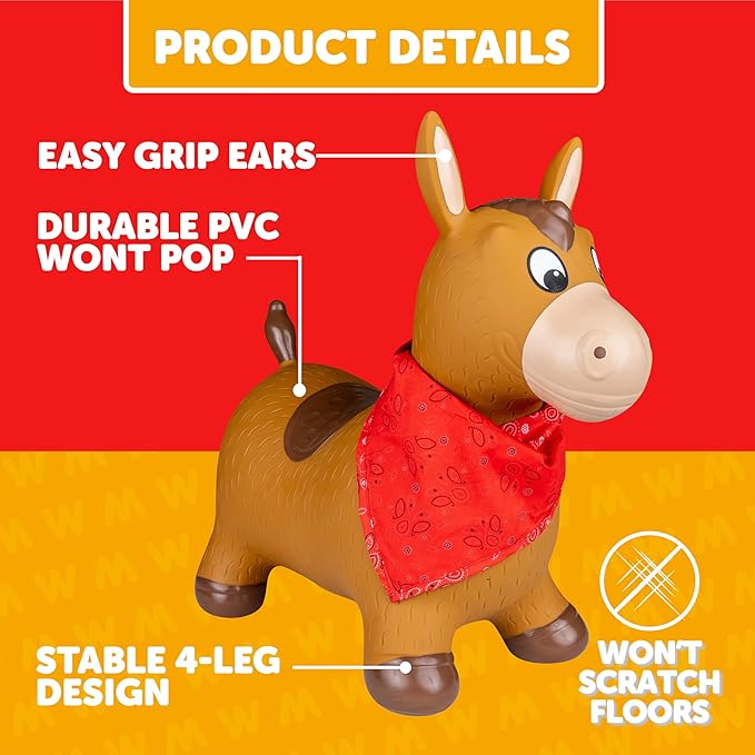 Waddle Bouncy Animal Hopper - Inflatable Hopping Animals, Indoors and Outdoors Fun, Pump Included, Riding Toys for Boys and Girls Ages 2 Years and Up, Brown Horse