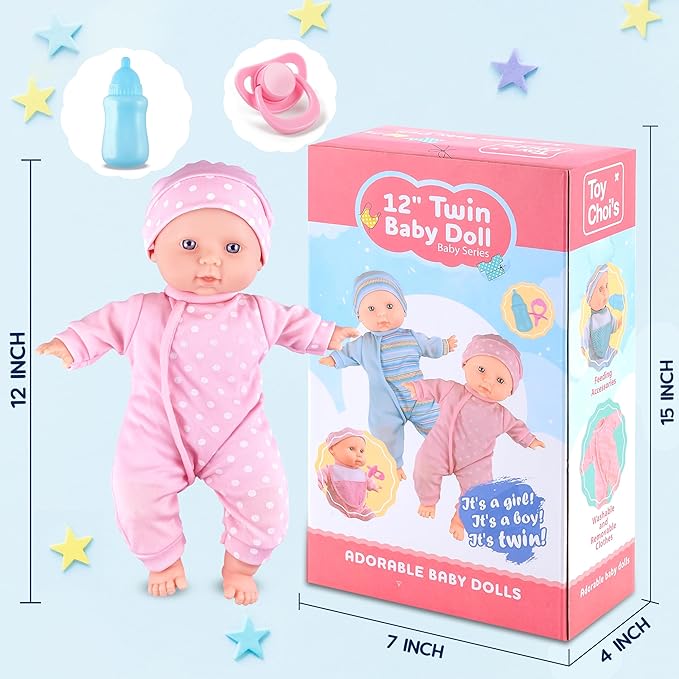 Toy Choi's Twin Baby Dolls 12 inch Soft Body 2 Dolls Playset with Rompers, Hat, Pacifier and Doll Bibs, Gifts for 1 2 3 4 5 Year Old Boys Girls, Toddlers and Kids