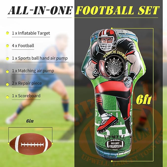 UPWELL Inflatable Football Target Set - 6ft Blow Up Toy for Fun Toss Games, Soft Footballs, Indoor/Outdoor Play, Perfect for Kids' Birthday Parties & Backyard Carnival Games