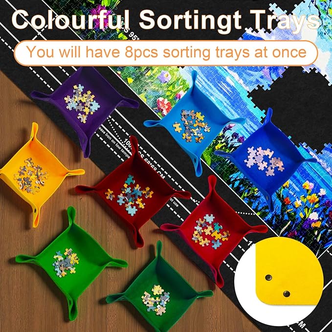 Jigsaw Puzzle Mat Roll Up with Storage Bag & 8 Sorting Trays, Air Pump System & Portable Puzzle Board & Saver for Up to 2000 Pieces, Felt Mat for Travel