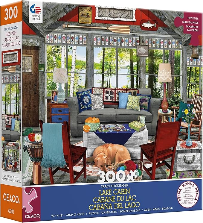 Ceaco - Tracy Flickinger - Lake Cabin - Oversized 300 Piece Jigsaw Puzzle, 24 x 18