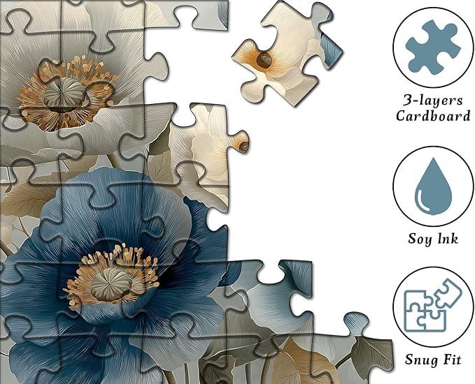 Elegant Flower Puzzles for Adults 1000 Pieces, Vintage Blue White Floral Jigsaw Puzzle, Flower Artistic Puzzle Challenge for Adults Art, Elegant Home Decor
