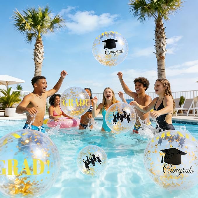 Forwe Graduation Inflatable Beach Balls, 16 Inc Confetti Glitter Beach Pool Ball Blow up Balloon Toys for Class of 2026 Swimming Pool Graduation Party Decorations