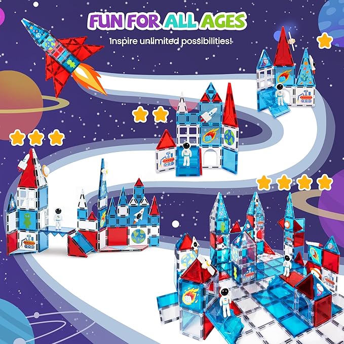 cossy Magnetic Tiles Space Set, Magnet Tiles with Astronaut, Magnetic Tiles for Kids Ages 4-8, STEM Toys, Toys for 3 4 5 6 7 8 Year Old Boy and Girl, Creative Building Toys, Space