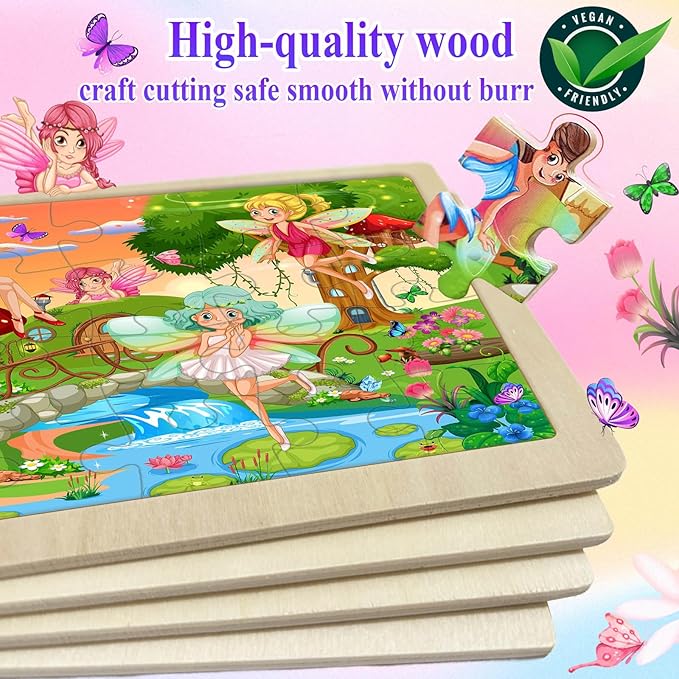 Wooden Puzzles for Kids Ages 4-6, 4 Pack with 24 Pieces Unicorn, Mermaid, Princess, Elf Wooden Puzzles for Toddlers Set, Educational & Learning Puzzles, Gifts for 3 4 5 6 Year Old Boys Girls