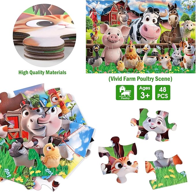 Jumbo Floor Puzzle for Kids,48 Pieces Farm Animals Puzzles for Toddlers 3-5,Large Barn Jigsaw Puzzles,Preschool Educational Animal Toys,Easter Gift for Boys & Girls Ages 4-8