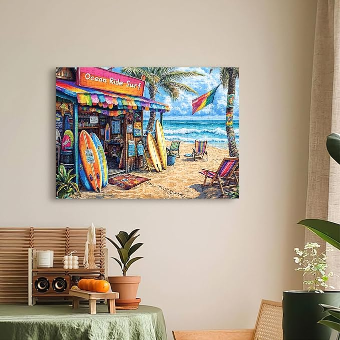 500 Piece Beach Surf Shop Jigsaw Puzzle for Adults, Summer Coastal Puzzle, Colorful Tropical Beachfront Puzzle, Home Decor Birthday Party Gift for Men Women Elders, 20.5 x 15 in