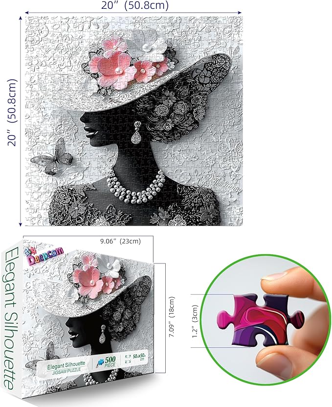 Elegant Woman with Floral Hat 500 Piece Jigsaw Puzzle for Adults, Black and White with Pink Flowers, 20 x 20 Inches Vintage Artwork for Home Decor, Perfect for Stress Relief