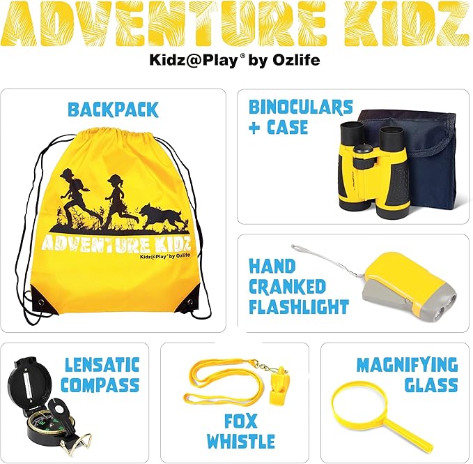 Adventure Kidz Outdoor Exploration Kit, Children’s Binoculars, Flashlight, Compass, Fox Whistle, Magnifying Glass, Backpack. Great Gift Set for STEM, Pretend Play