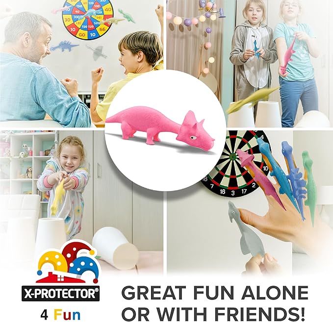X-Protector Rubber Dinosaur Slingshot - 12 PCS Pack - Flying Finger Slingshot - Dinosaur Flingers Sling Shot Toys for Kids - Funny Adult Pinata Stuffers - Premium Slime for Fingers!