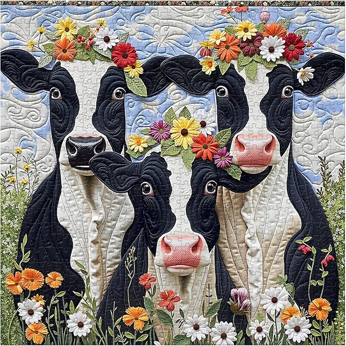 Farm Cow Puzzles 1000 Pieces for Adults, Challenging Patchwork Animal Jigsaw Puzzles, Nature Flowers Art Puzzle as Home Wall Art