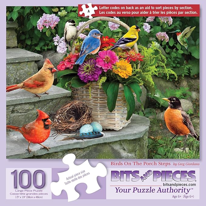 Bits and Pieces 100 Piece Puzzles for Adults 100 Large Pieces 15" x 19" Jigsaw Puzzles, Birds and Flowers, Random Die Cut, No 2 Pieces Alike, Birds on The Porch Steps