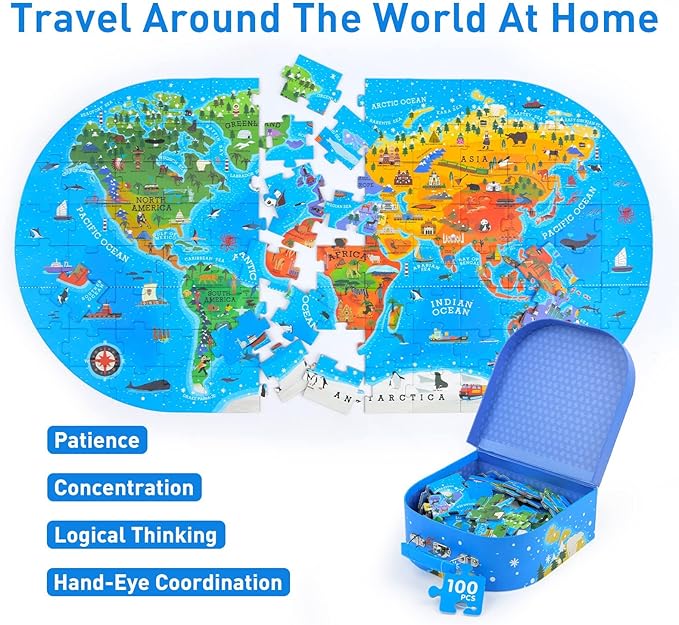 Mideer World Map Puzzle for Kids Ages 4-8, 100 Piece Floor Jigsaw Puzzle for Toddlers with Continents, Geography Educational Toys for Boys Girls, Globe Atlas Preschool Learning Game for Kids Ages 4-6