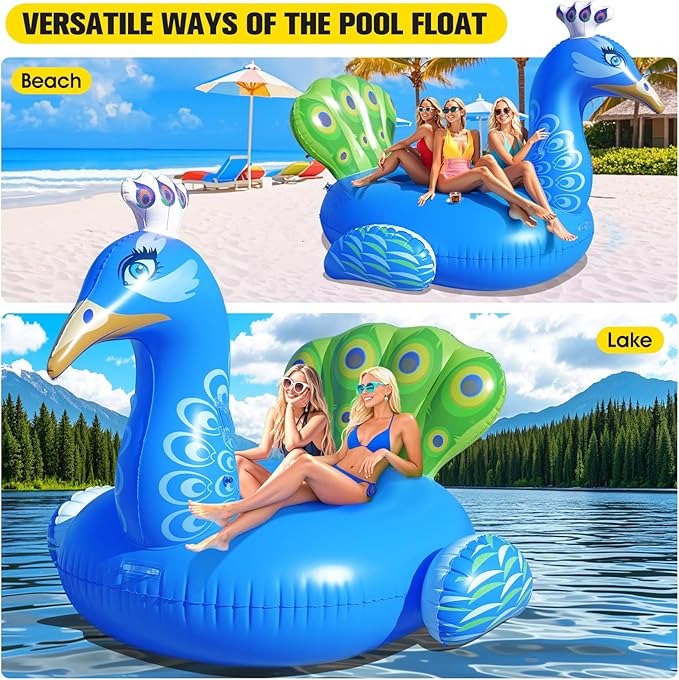 DeeprBetter Inflatable Peacock Pool Float, Gaint Funny Pool Floats Adults, Heavy Duty Pool Floaties Lounger, Large Animal Pool Floats Inflatable Ride-On Floaty for Swimming Pool Party Water Fun