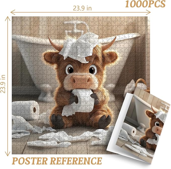 Highland Cow Puzzles for Adults 1000 Pieces,Cute Cow Jigsaw Puzzle, Funny Bathroom Calf Puzzles, Challenging Animal Theme as Wall Decor