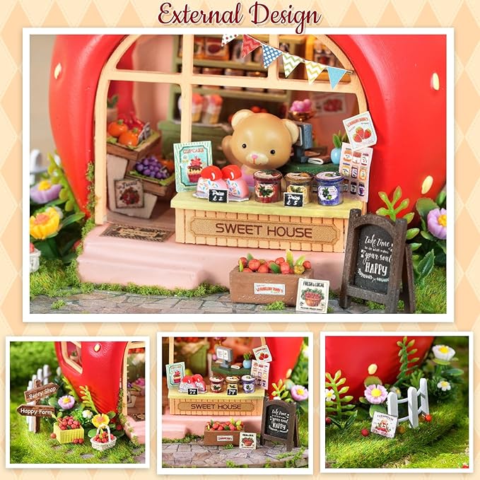 TuKIIE DIY Miniature House Kit with Furniture, 1:100 Scale Creative Room Mini Wooden Dollhouse Book Nook for Kids Teens Adults(Berry Shop)