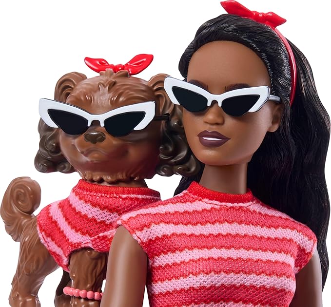 Barbie Twinning Looks Doll with Pet Dog in Matching Red Striped Clothes and Accessories for Both Like Sunglasses and Headbands, Wavy Black Hair