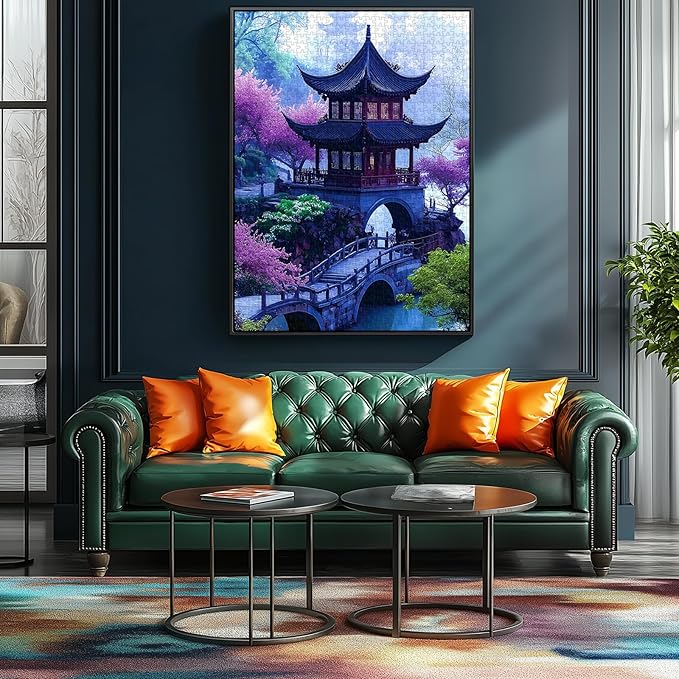 Garden Pavilion 500 Piece Puzzle for Adults Serene Misty Tower Landscape with Cherry Blossoms & Stone Arch Bridge Jigsaw Puzzle Fun Family Puzzles Gift for Adults Seniors（ 15"x23"）